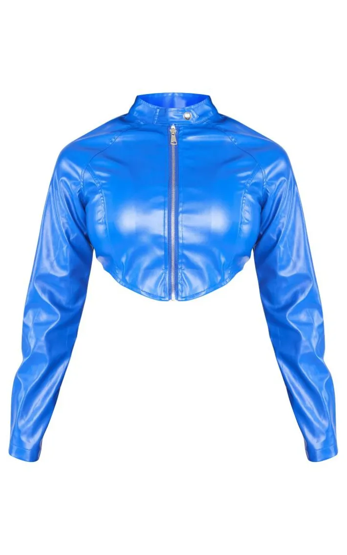 Shape Blue Faux Leather Cropped Biker Jacket