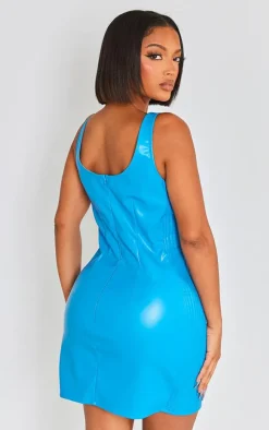 Shape Blue Faux Leather Quilted Detail Bodycon Dress