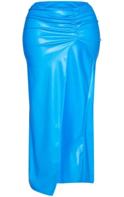 Shape Blue Faux Leather Ruched High Leg Skirt