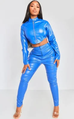 Shape Blue Faux Leather Zip Detail Panel Skinny Pants