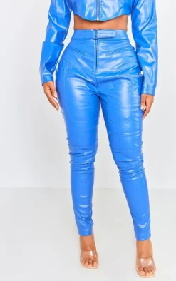 Shape Blue Faux Leather Zip Detail Panel Skinny Pants