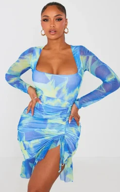 Shape Blue Floral Printed Mesh Ruched Side Frill Hem Bodycon Dress