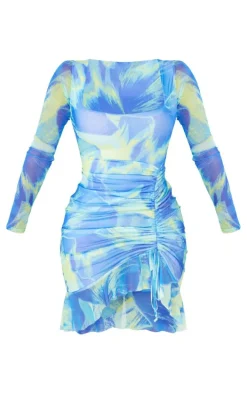 Shape Blue Floral Printed Mesh Ruched Side Frill Hem Bodycon Dress