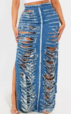Shape Blue Frayed Denim Maxi Skirt