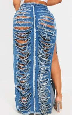 Shape Blue Frayed Denim Maxi Skirt