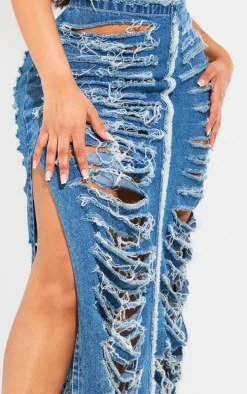 Shape Blue Frayed Denim Maxi Skirt