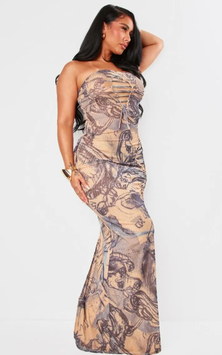 Shape Blue Ink Printed Mesh Lace Up Detail Bandeau Maxi Dress