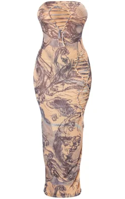 Shape Blue Ink Printed Mesh Lace Up Detail Bandeau Maxi Dress