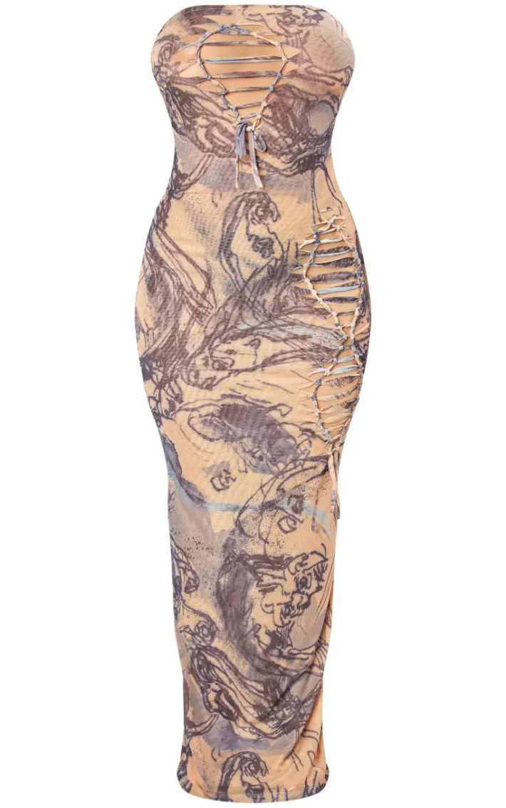 Shape Blue Ink Printed Mesh Lace Up Detail Bandeau Maxi Dress