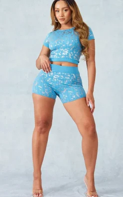 Shape Blue Printed Structured Snatched Rib T Shirt