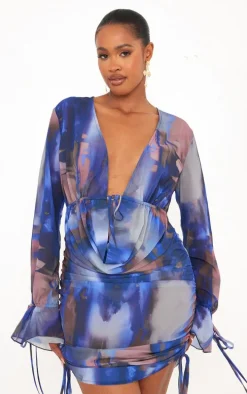 Shape Blue Printed Woven Extreme Plunge Mini Dress