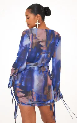 Shape Blue Printed Woven Extreme Plunge Mini Dress