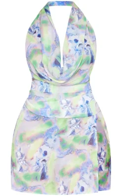 Shape Blue Renaissance Printed Chiffon Halterneck Mini Dress