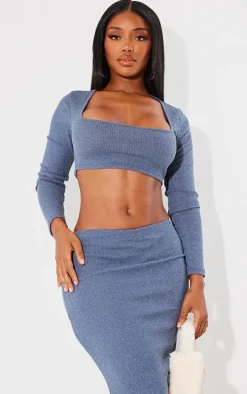 Shape Blue Rib Marl Scoop Neck Long Sleeve Crop Top