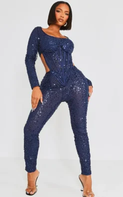 Shape Blue Sequin Mesh Corset Detail Jumpsuit