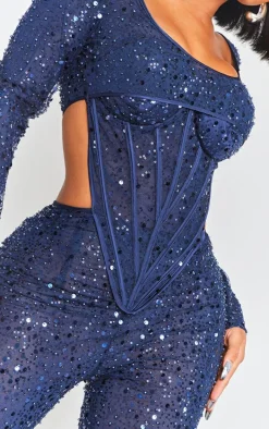 Shape Blue Sequin Mesh Corset Detail Jumpsuit