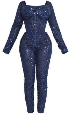 Shape Blue Sequin Mesh Corset Detail Jumpsuit