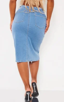 Shape Blue Stretch Denim Frayed Detail Midi Skirt