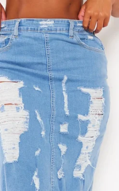 Shape Blue Stretch Denim Frayed Detail Midi Skirt