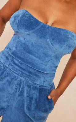Shape Blue Velour Cup Detail Longline Bandeau