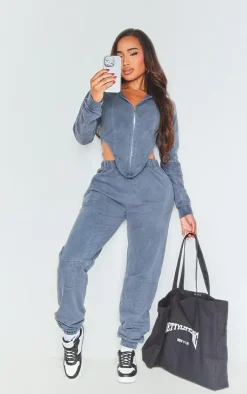 Shape Blue Washed Corset Detail Hoodie
