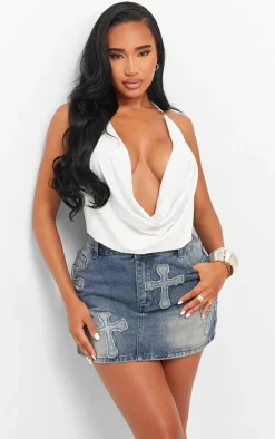 Shape Blue Washed Denim Embroidered Cross Mini Skirt