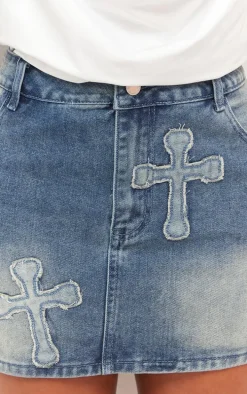 Shape Blue Washed Denim Embroidered Cross Mini Skirt