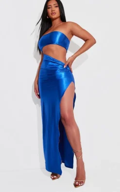 Shape Bright Blue Stretch Satin Bandeau Cut Out Split Detail Maxi Dress