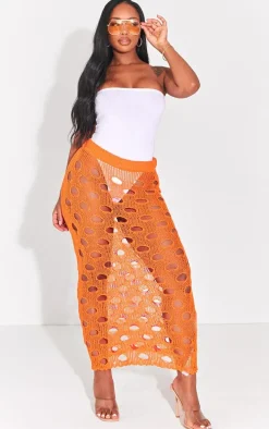 Shape Bright Orange Knit Distressed Cut Out Maxi Skirt
