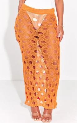 Shape Bright Orange Knit Distressed Cut Out Maxi Skirt