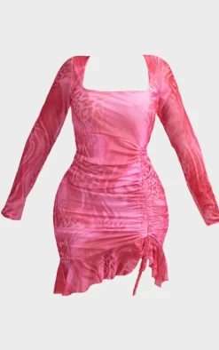 Shape Bright Pink Abstract Leopard Mesh Ruched Side Frill Hem Bodycon Dress