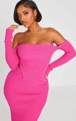 Shape Bright Pink Knit Bardot Split Side Detail Top
