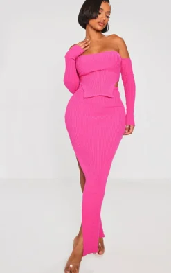 Shape Bright Pink Knit Bardot Split Side Detail Top