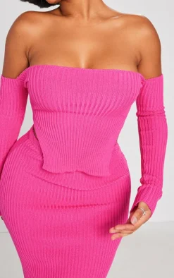 Shape Bright Pink Knit Bardot Split Side Detail Top