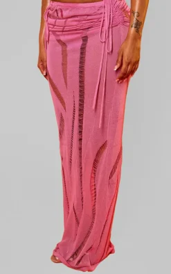 Shape Bright Pink Knit Ladder Detailed Low Rise Ruched Side Maxi Skirt