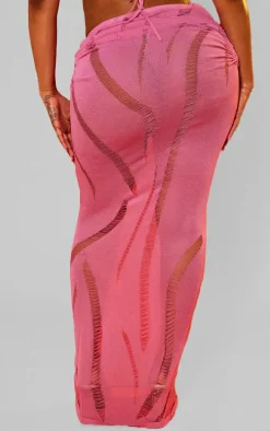 Shape Bright Pink Knit Ladder Detailed Low Rise Ruched Side Maxi Skirt
