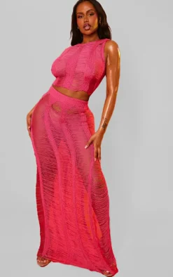 Shape Bright Pink Knit Ladder Racer Neck Longline Top