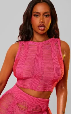 Shape Bright Pink Knit Ladder Racer Neck Longline Top