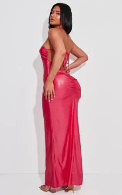 Shape Bright Pink Metallic Bandeau Ruched Bum Maxi Dress