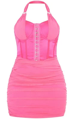 Shape Bright Pink Satin Hook And Eye Ruched Bodycon Dress