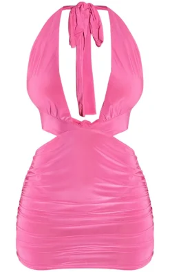 Shape Bright Pink Slinky Cut Out Halterneck Bodycon Dress