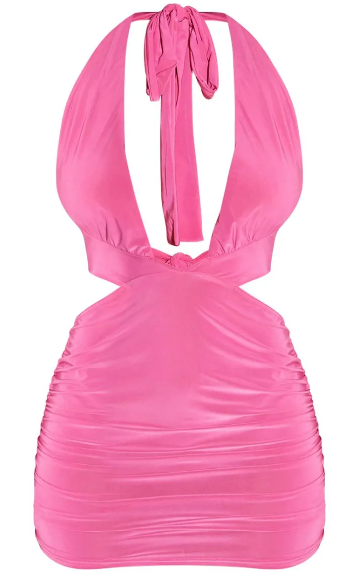 Shape Bright Pink Slinky Cut Out Halterneck Bodycon Dress
