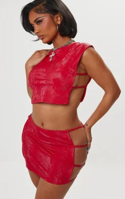 Shape Bright Red Faux Leather Croc Printed Cut Out Mini Skirt