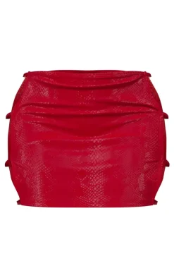 Shape Bright Red Faux Leather Croc Printed Cut Out Mini Skirt
