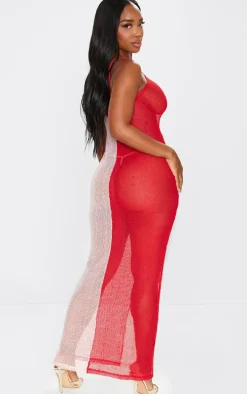 Shape Bright Red Fishnet Red Contrast Detail Strappy Maxi Dress