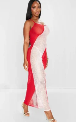 Shape Bright Red Fishnet Red Contrast Detail Strappy Maxi Dress