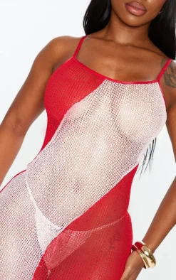 Shape Bright Red Fishnet Red Contrast Detail Strappy Maxi Dress
