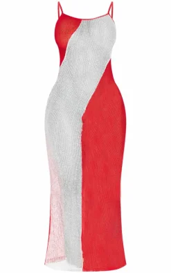 Shape Bright Red Fishnet Red Contrast Detail Strappy Maxi Dress