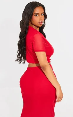Shape Bright Red Mesh Cropped T-shirt