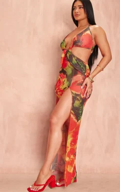 Shape Bright Red Mesh Ruched Side Maxi Dress